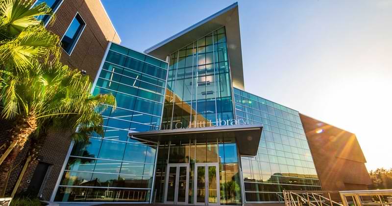 Exterior entrance to the John C. Hitt Library