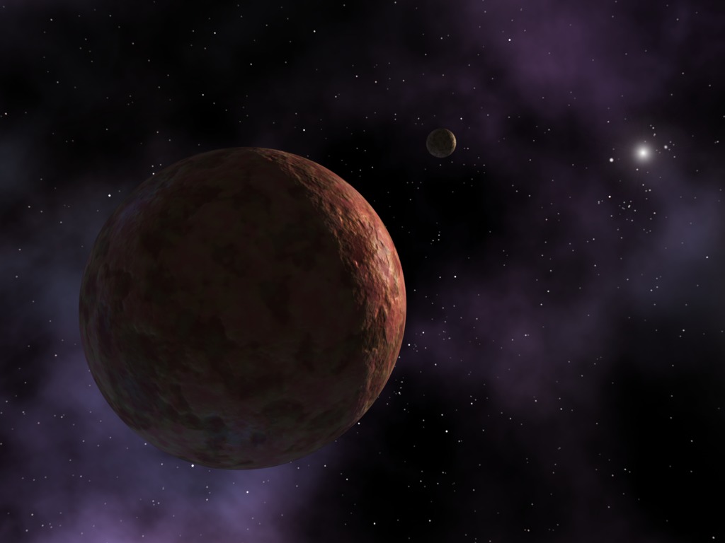 artist's conception of sedna, a planet like object so far away that the sun appears as an extremely bright star instead of the large, warm disc observed from earth.