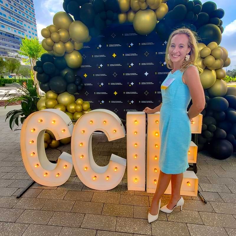  Kathleen Hawkins at a UCF alumni awards celebration, standing at an event recognizing and honoring distinguished UCF alumnae and alumni. 