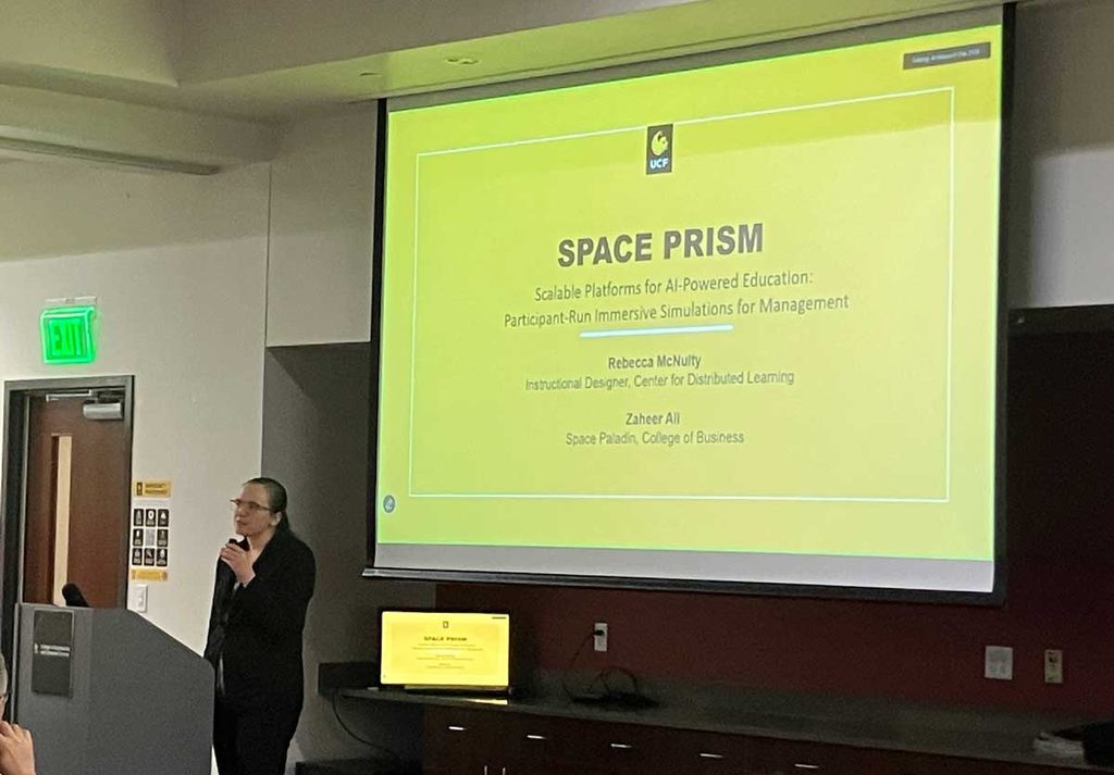 Rebecca McNulty presenting the space-launch simulation project.